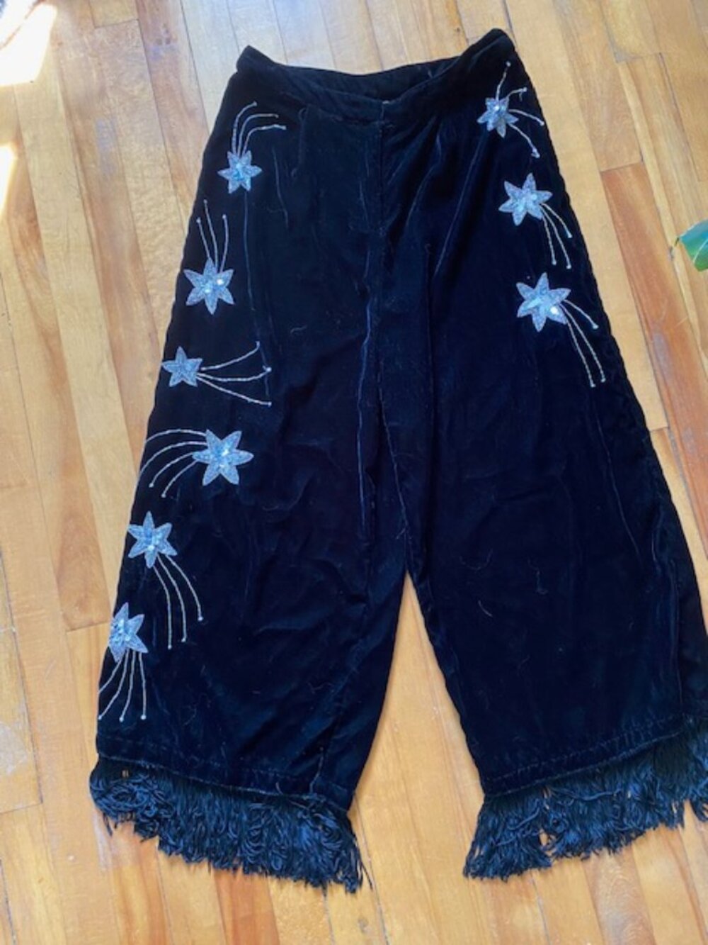 Top Shop Black Velvet Tassel Wide-Leg Pant with Silver Stars
